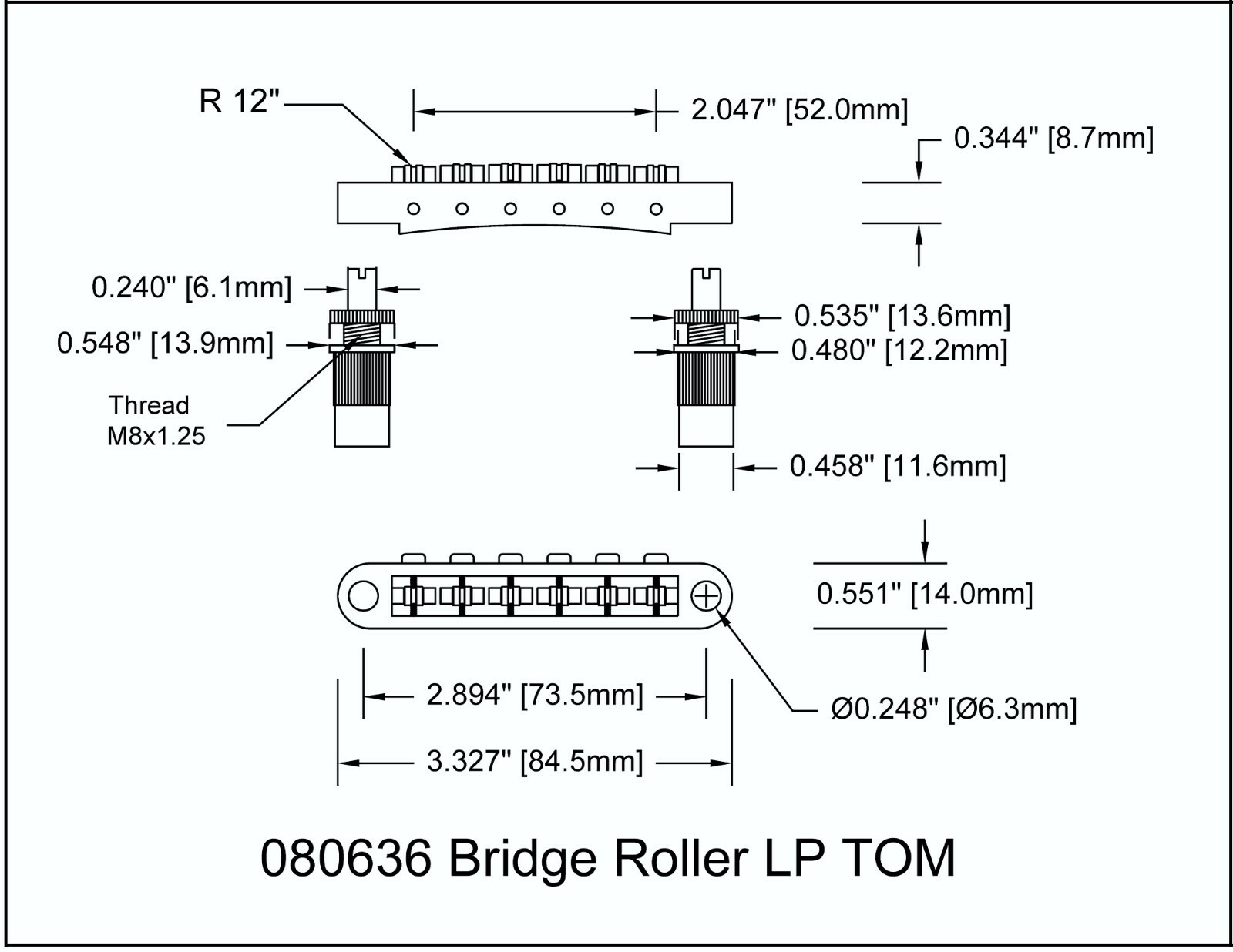 Guitar Bridge Roller Post Style 6 String Black 52mm spread Bitterroot 080636BK