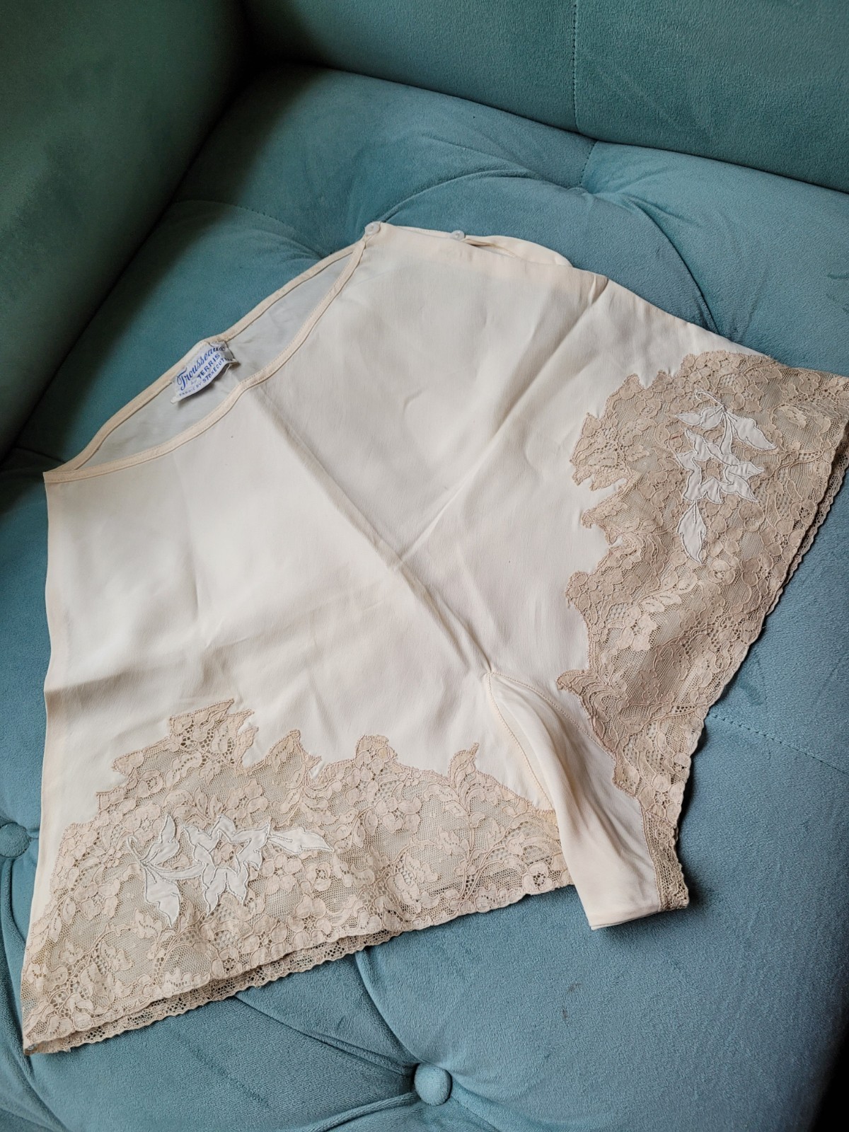 Vintage Beige Silky 1930s Tap Pant Lingerie w Embroidery & Lace Trousseaux