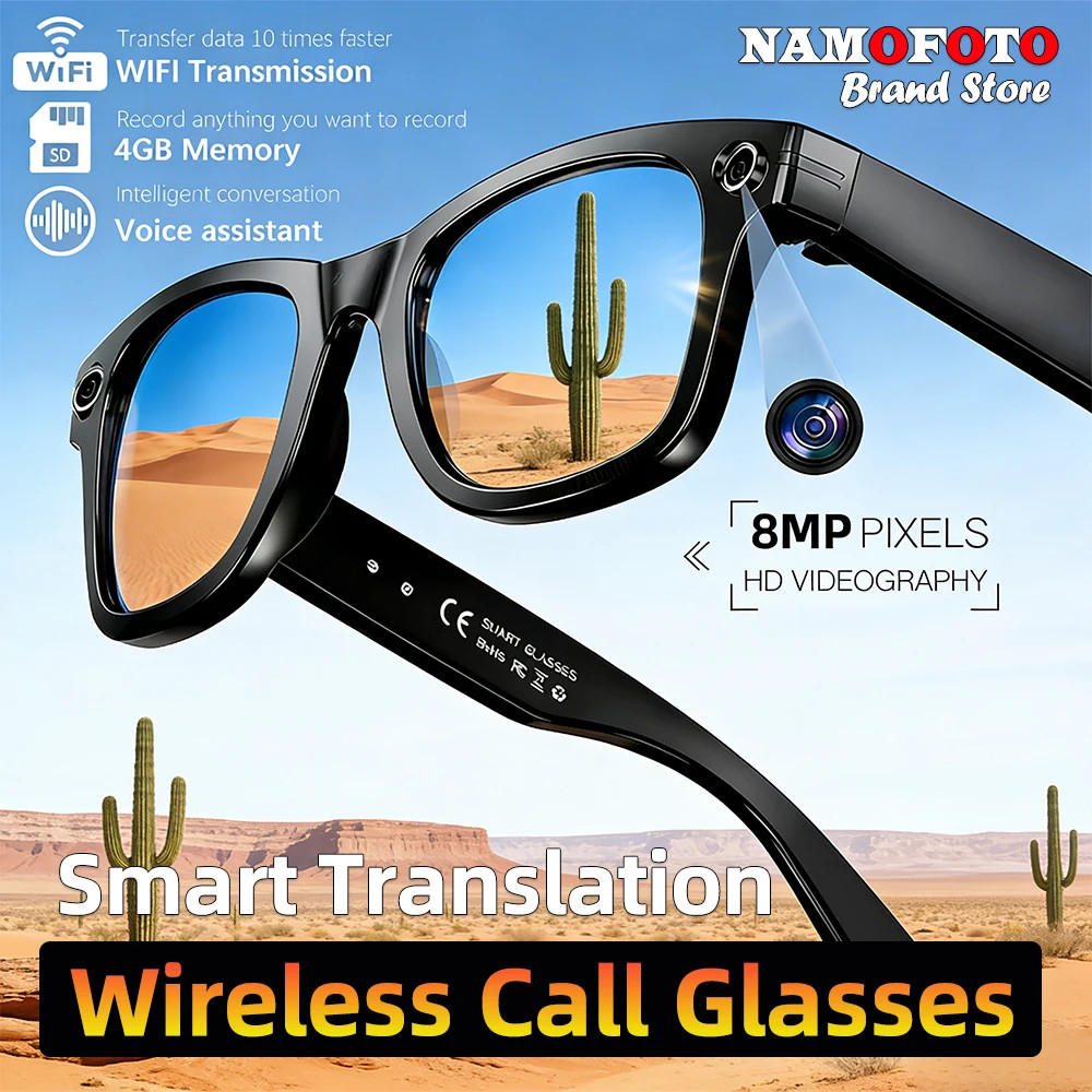 2026 AI Smart Translation Glasses 8MP Camera Voice Asistant Smart Glasses BT Cal