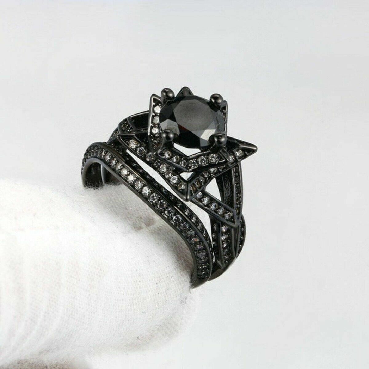 14K Black Gold Finish 2Ct Round Lab-Created Black Diamond Louts Bridal Ring Set