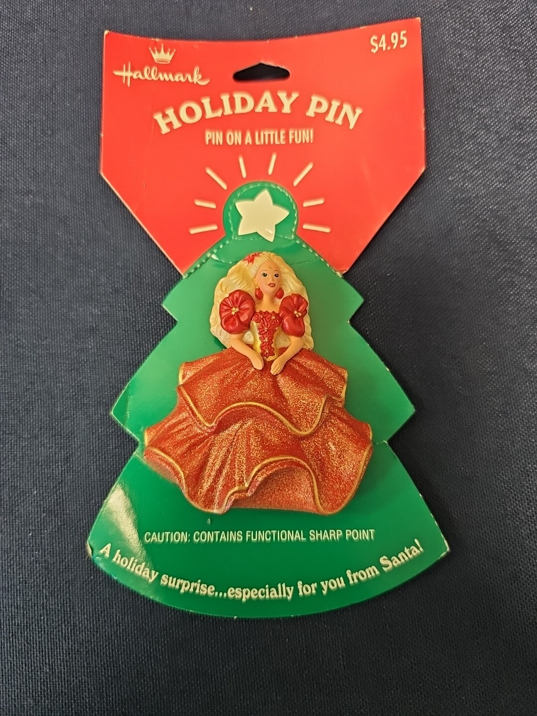 1995 - HALLMARK - BARBIE  HOLIDAY - LAPEL PIN -  RED  DRESS  - 2.5" NEW ON CARD