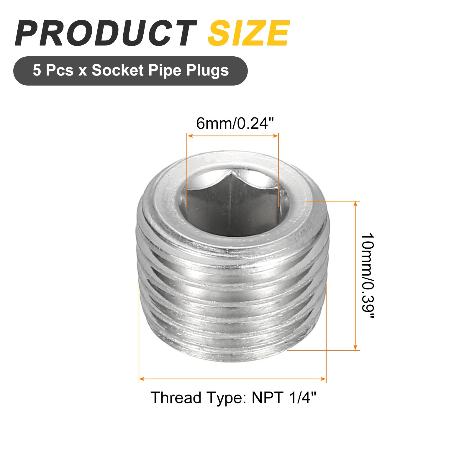5Pcs Socket Pipe Plugs, NPT 1/4"Stainless Steel Hex Thread Pipe Caps, Silver