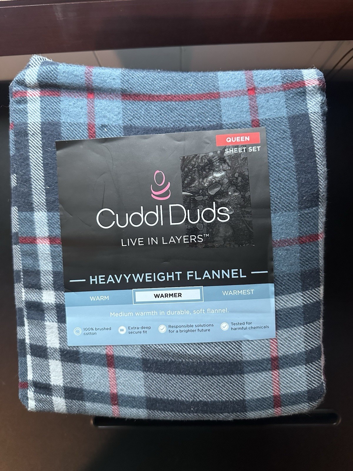 Cuddl Duds Heavyweight Flannel Sheet Set, Plaid 4pc, Sz Q or K, Brand New