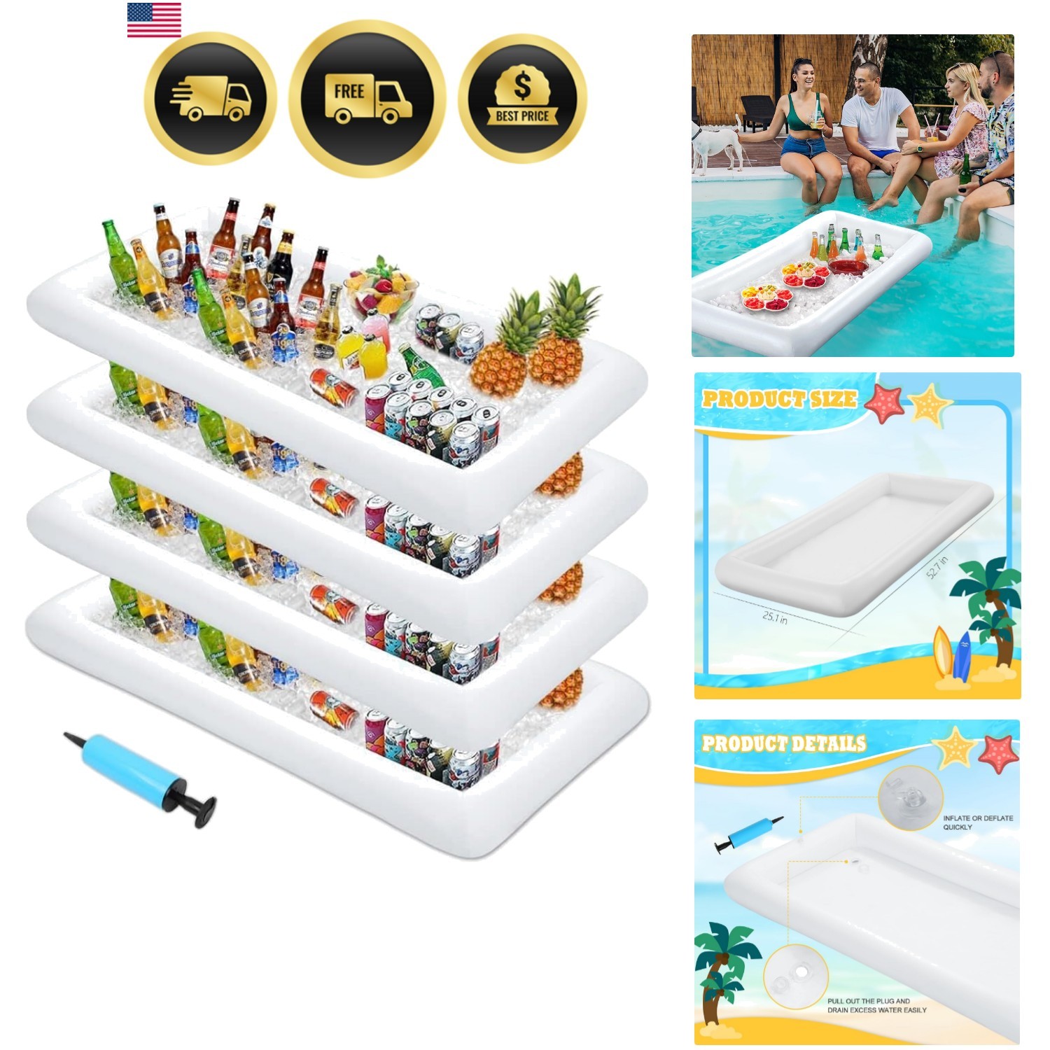 4 PACK Inflatable Ice Serving Bar, 53"x25" Server Tray Pool Buffet Drink Cool...