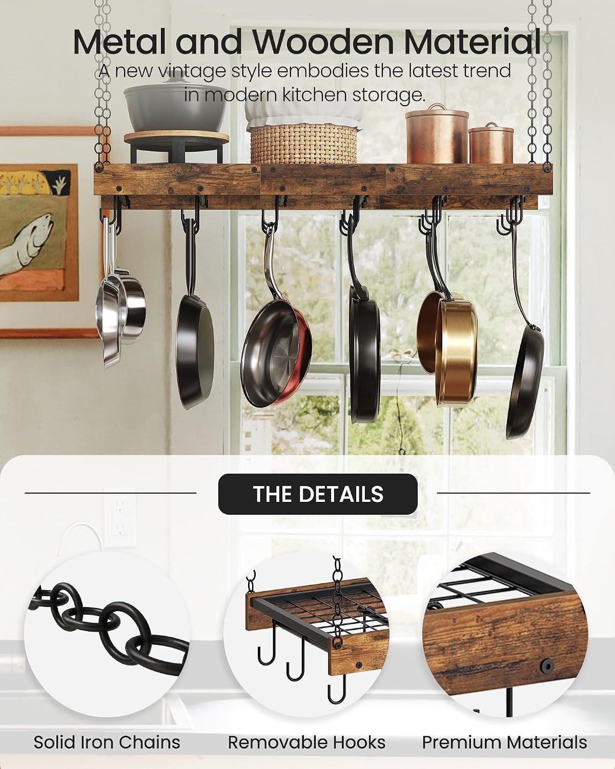 Hanging Pot Rack, Ceiling Wall Mounted Pot Rack for Kitchen, Industrial Style...