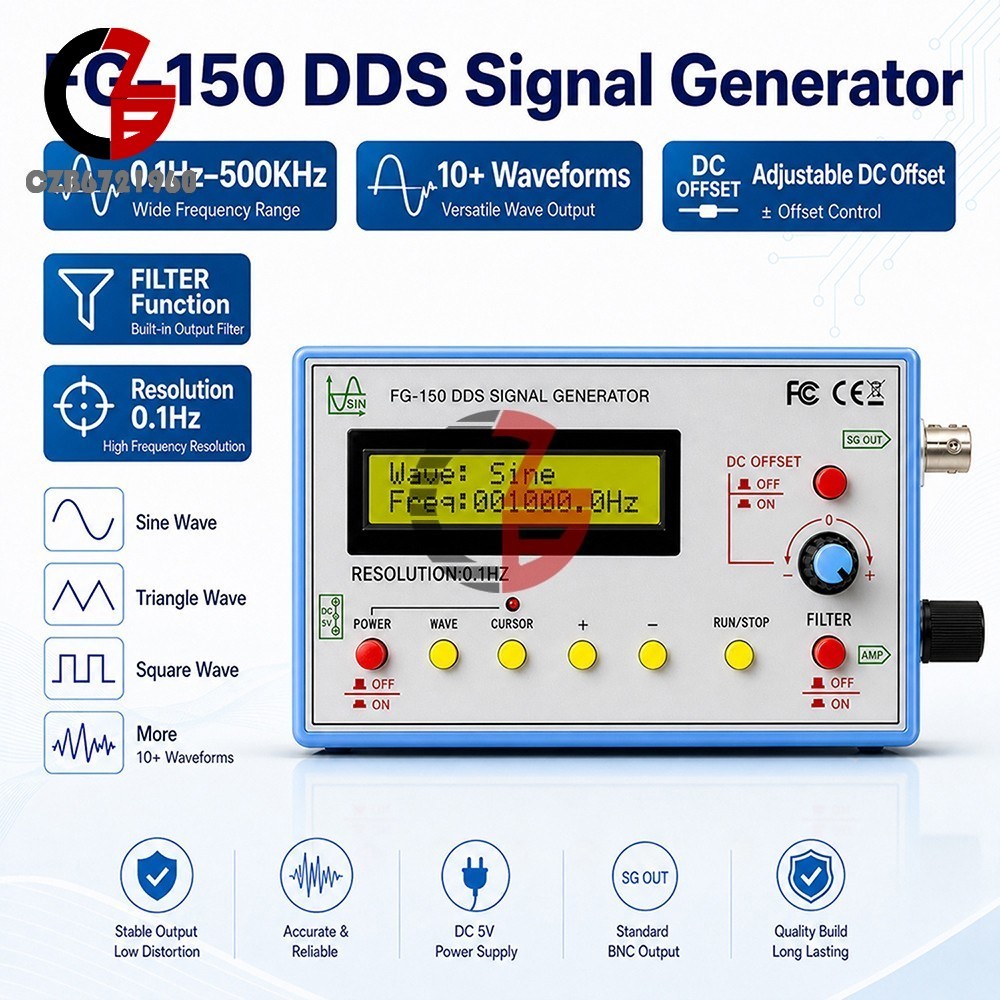 FG-150 DDS Function Signal Generator 0.1Hz-500kHz Frequency 15 Waveforms