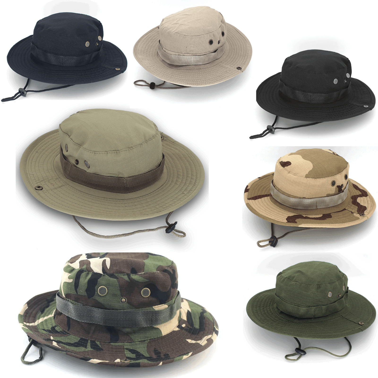 XGear Tactical Wide Brim Boonie Bucket Hat w Vent Holes and Adjustable Chin Cord