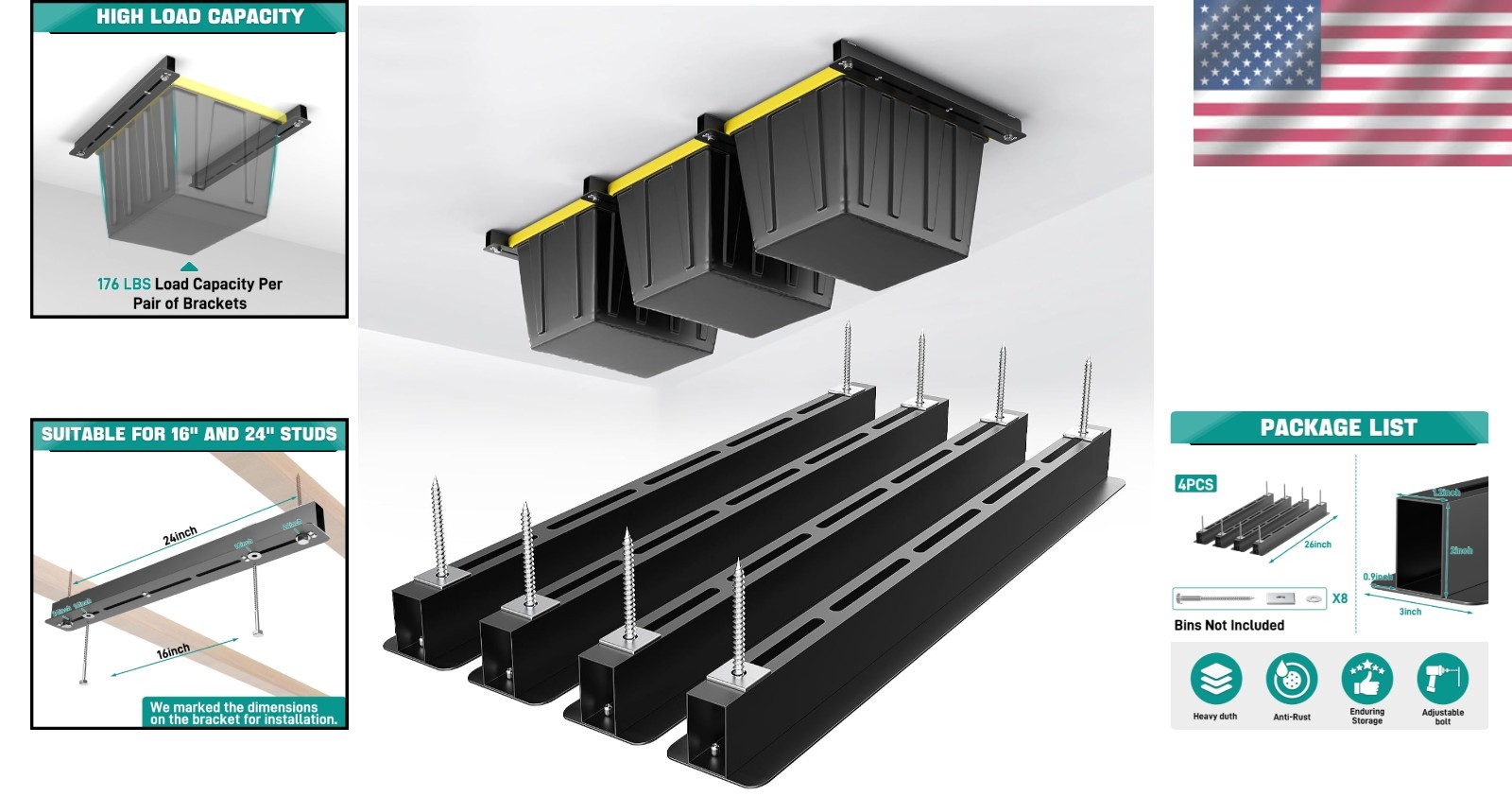 Heavy-Duty Ceiling Storage Rack System - Adjustable and Expandable 4-Bin Design