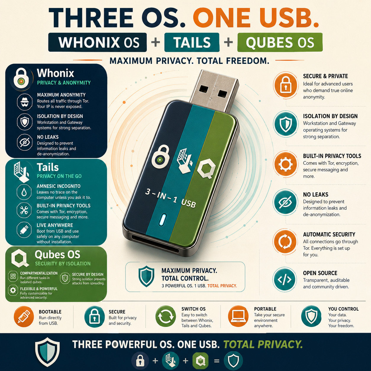 THREE IN ONE - Whonix OS + Qubes OS + Tails OS Linux OS USB FULL Privacy Bundle