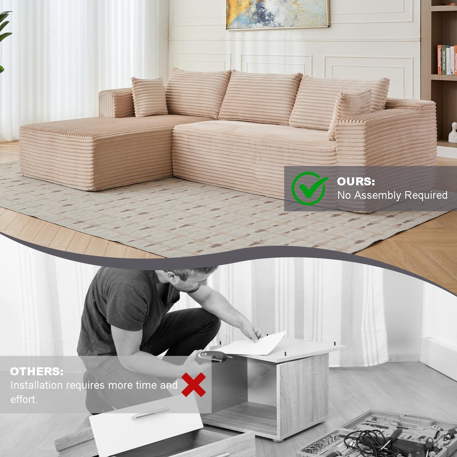 Compression Sectional Couch W/ Chaise | L-Shape Sleeper Sofa | Corduroy Beige