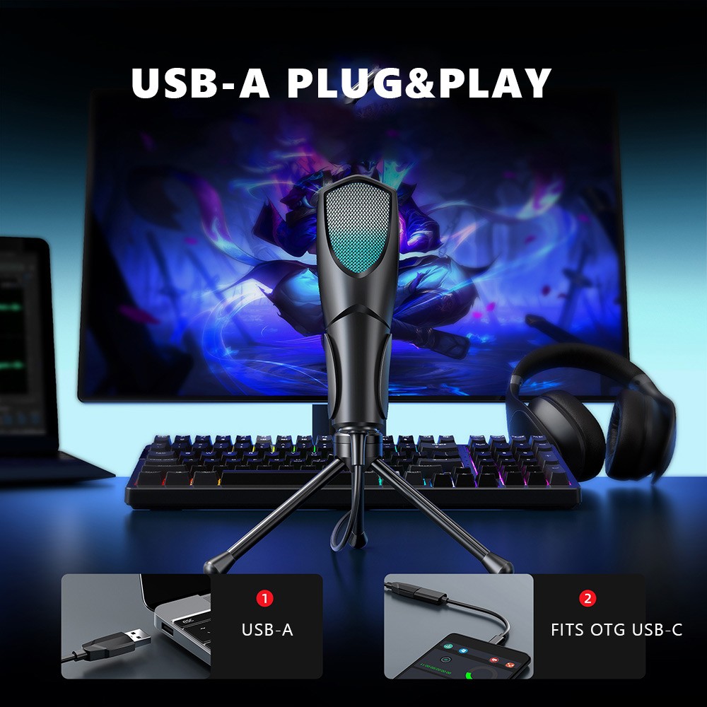 Gaming Microphone USB PC Mic for Podcasts Videos,Streaming,Condenser Tripod RGB