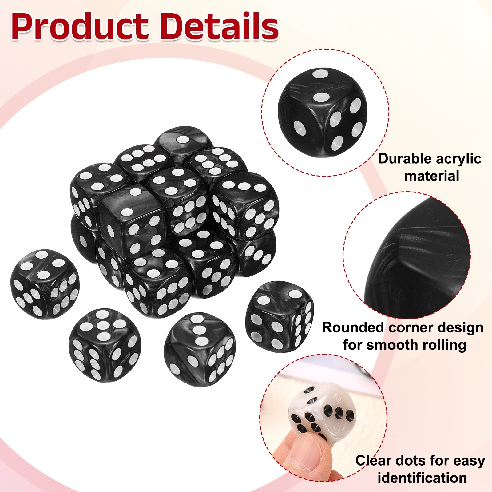 Polyhedral Dice Set 12mm Pearl Pattern Square Dice with Box, Black