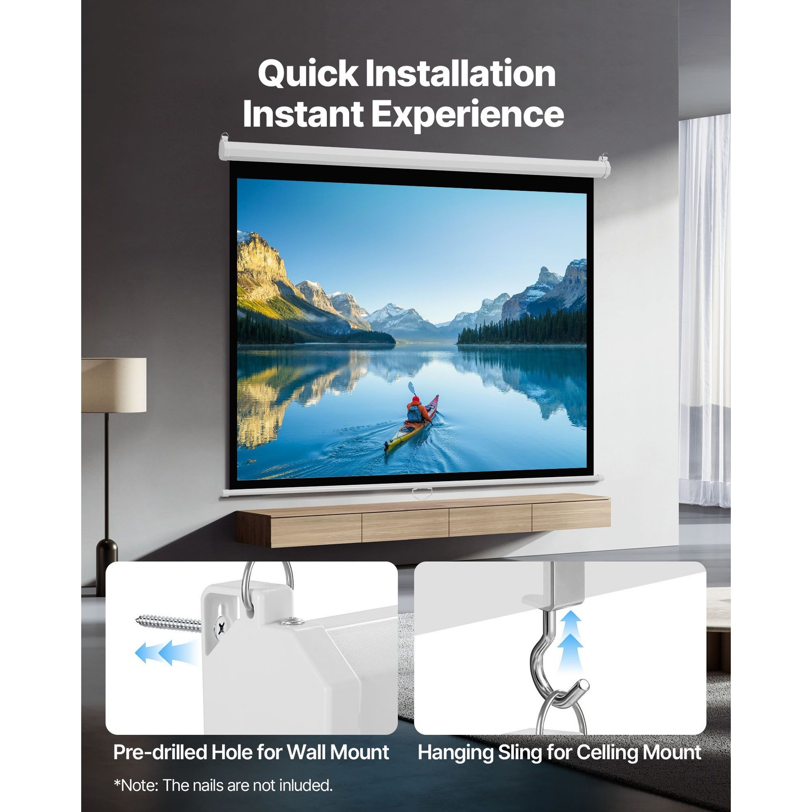 72in Retractable Projector Screen 4:3 HD Pull-Down Wall Mount