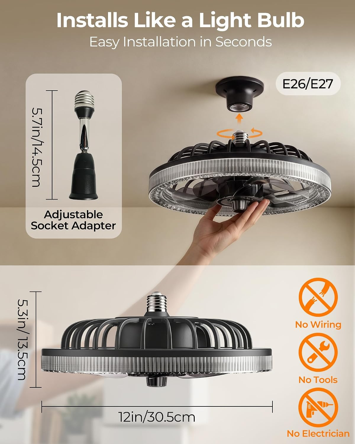 Low Profile Socket Fan Light with Remote and Extender, 2200LM LED Light Bulb Fan