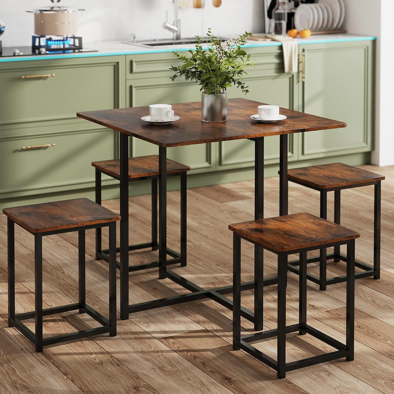 Compact Dining Table Set for 4, Small Kitchen Table Set with Square Stools and M