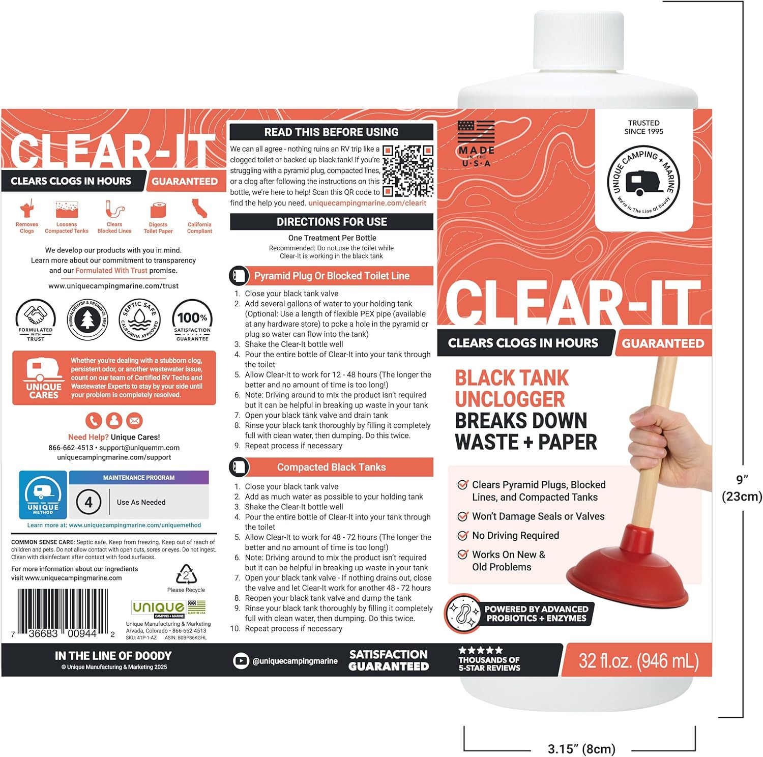 Clear-It RV Black Tank Unclogger Liquid - Breaks through Pyramid Plugs, Compacte