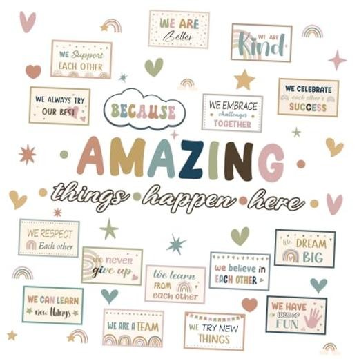62 Pcs Classroom Boho Bulletin Board Decorations Amazing Things Happen Here