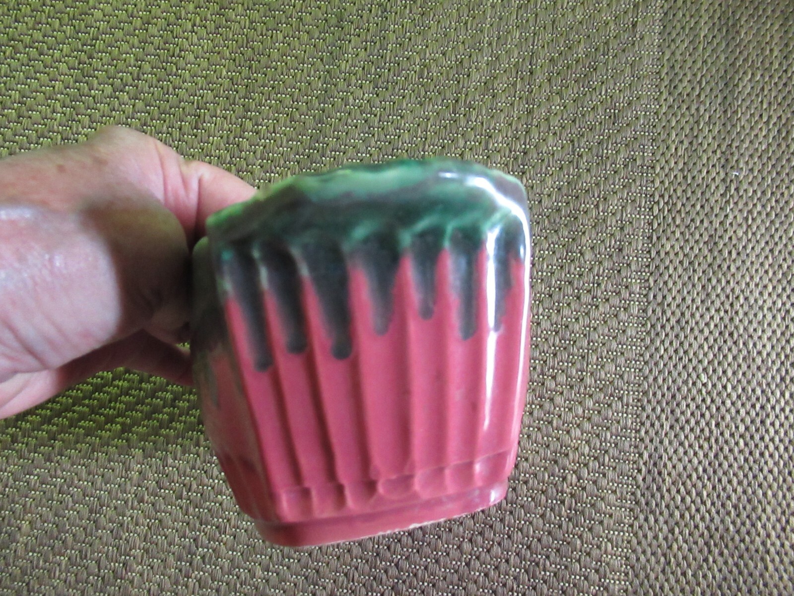 Vintage RRPCO Roseville 388-12 Rectangle Pink Green Dripping Glaze Planter