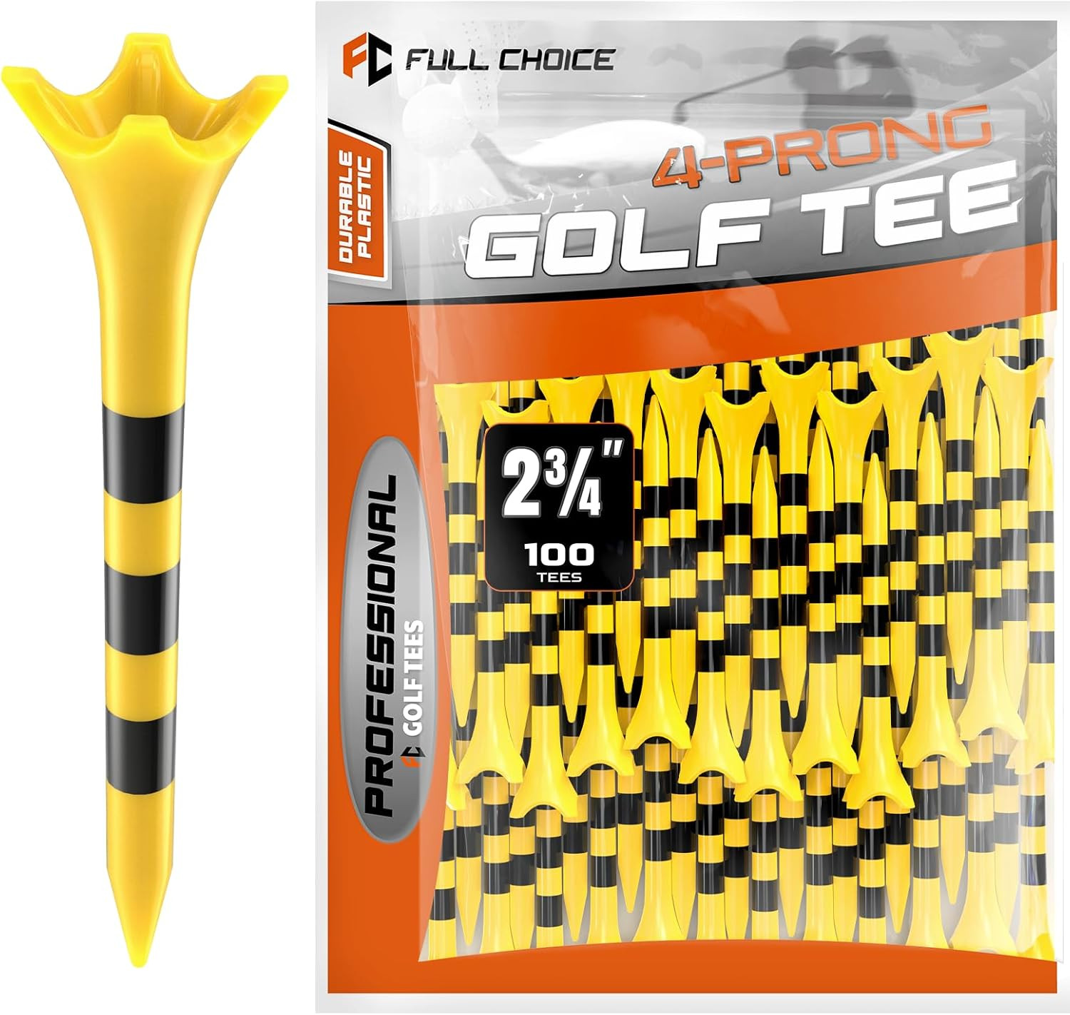 100 Pack 2-3/4" Plastic Golf Tees Durable 4 Prong Low Friction Yellow