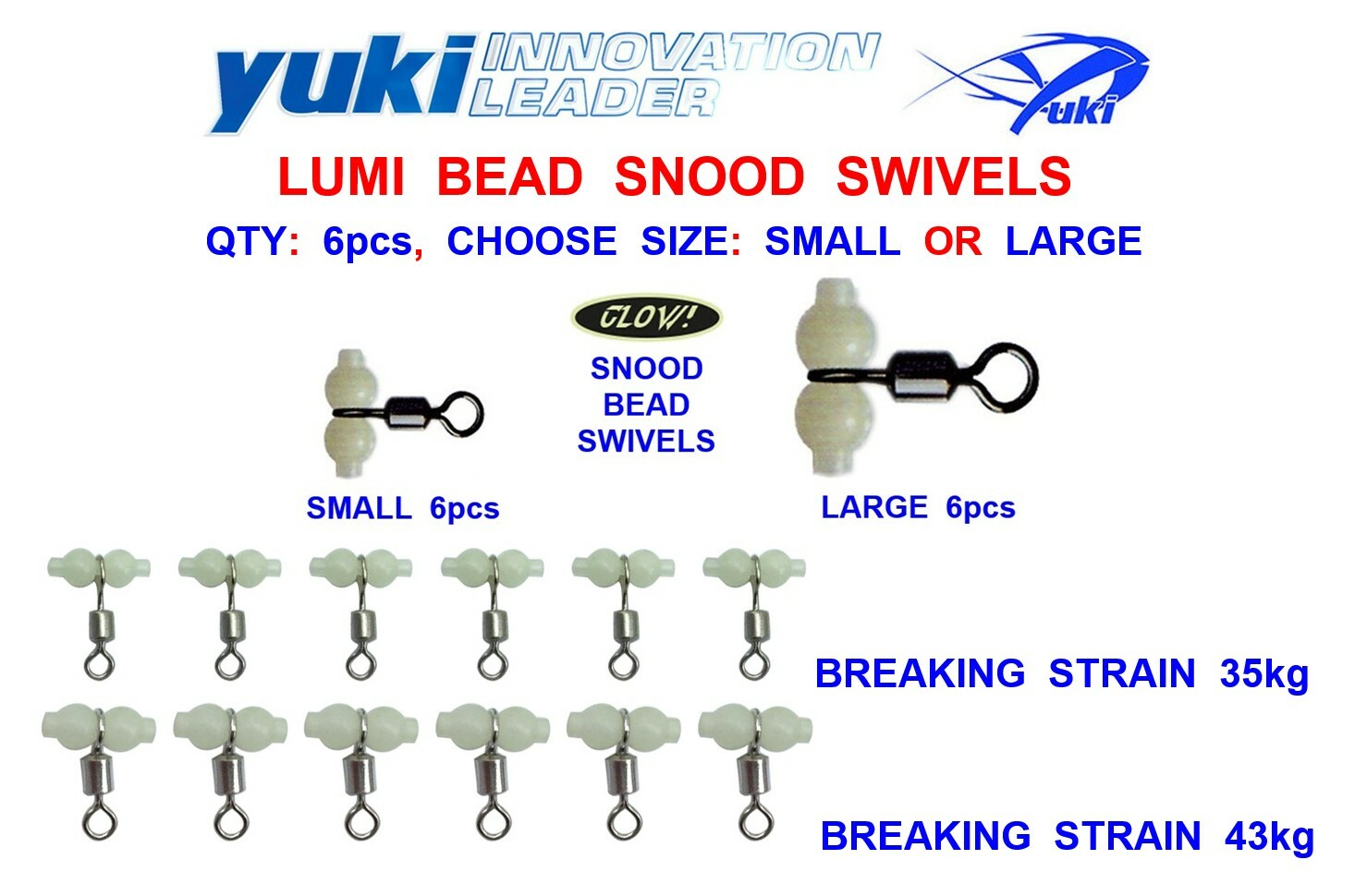 YUKI LUMI BEAD SNOOD SWIVELS FOR SEA FISHING LINE BAIT CLIP RIG FAST LINK BOOM