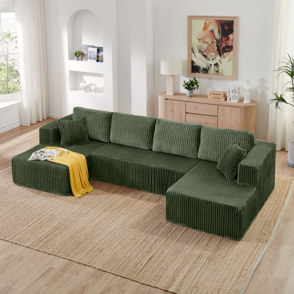 Green Corduroy Modern Sectional Sofa Sleeper 5-Seater Couch