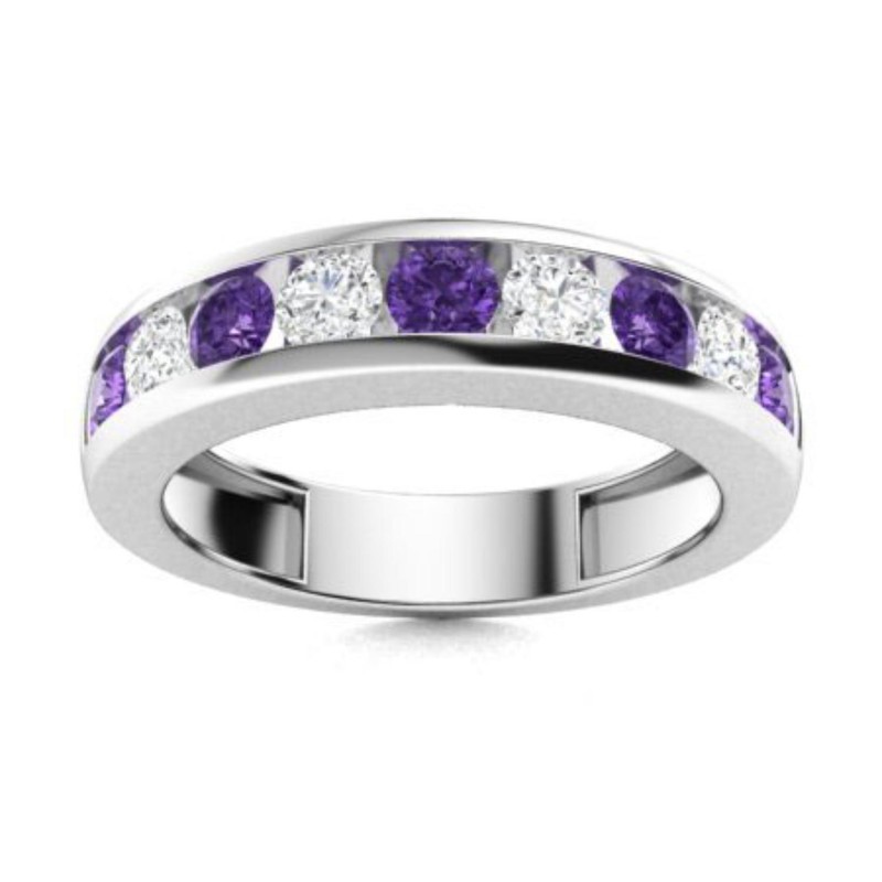 Full Eternity Band Ring 2MM Round Amethyst 925 Sterling Silver Ring For Women