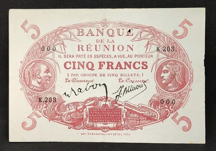 1901 Banque De La Reunion 5 France K203 000 Hole & Tear
