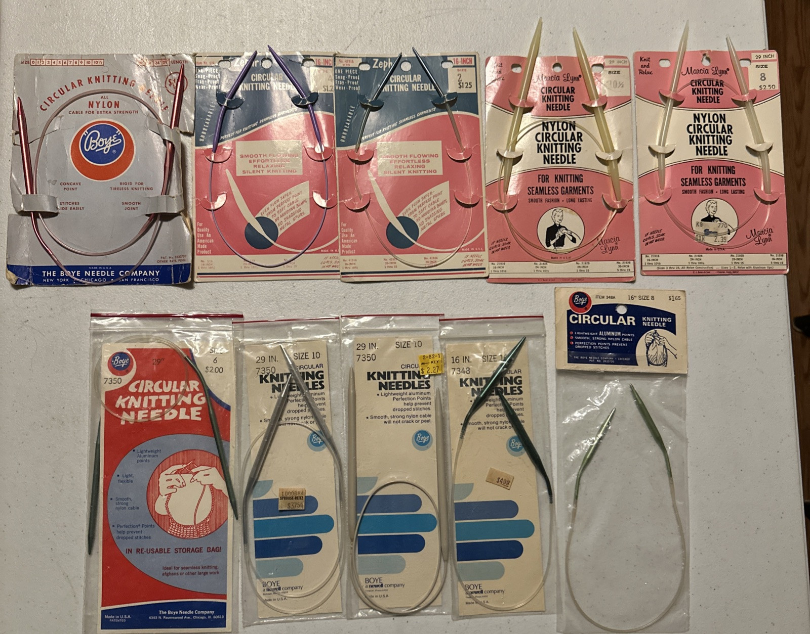 Mixed Lot of 10 Circular Knitting Needles Bamboo, Nylon & Metal Some Are Vintage