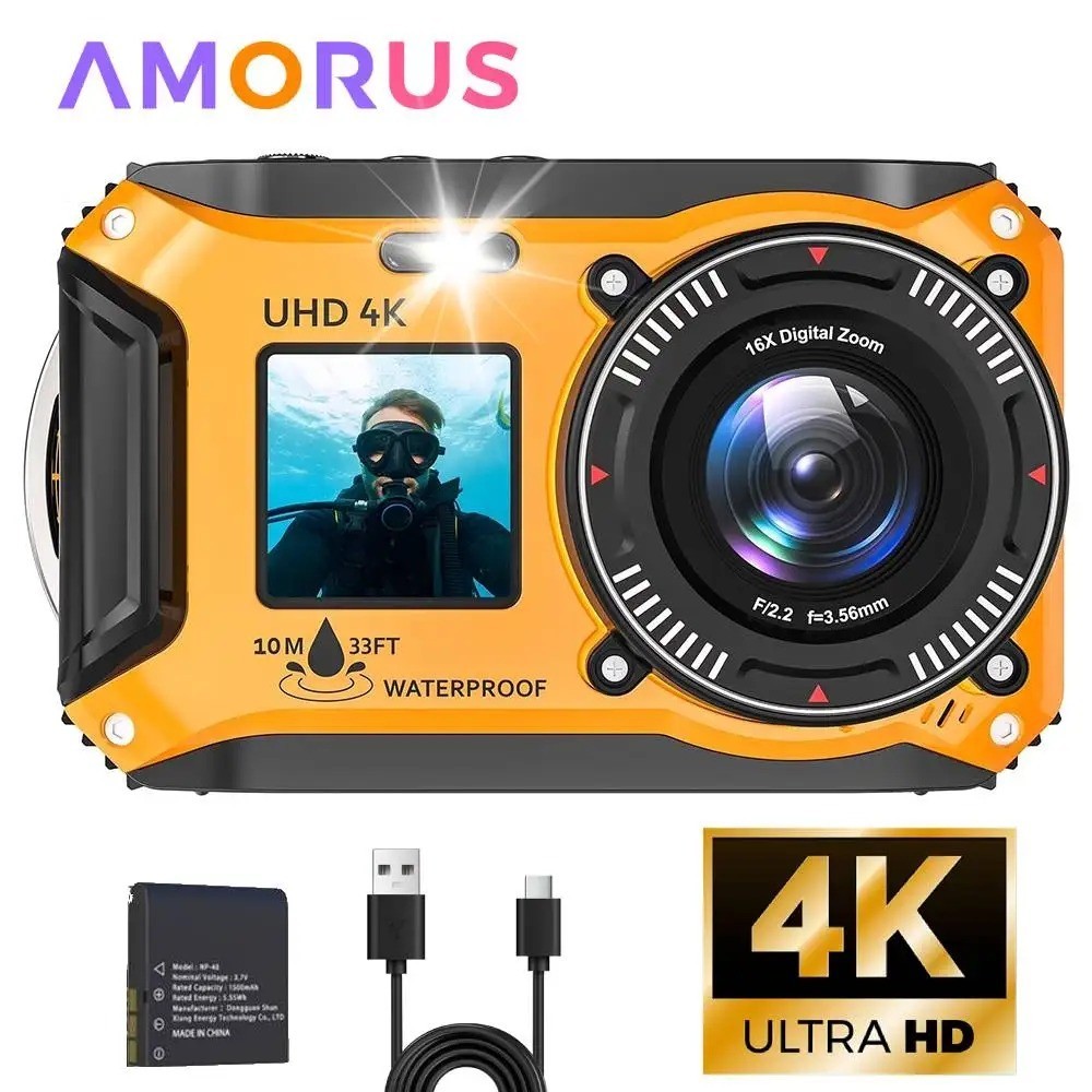 4K Underwater Camera 33FT Waterproof Camera for Snorkeling Dual-Screen Compact D