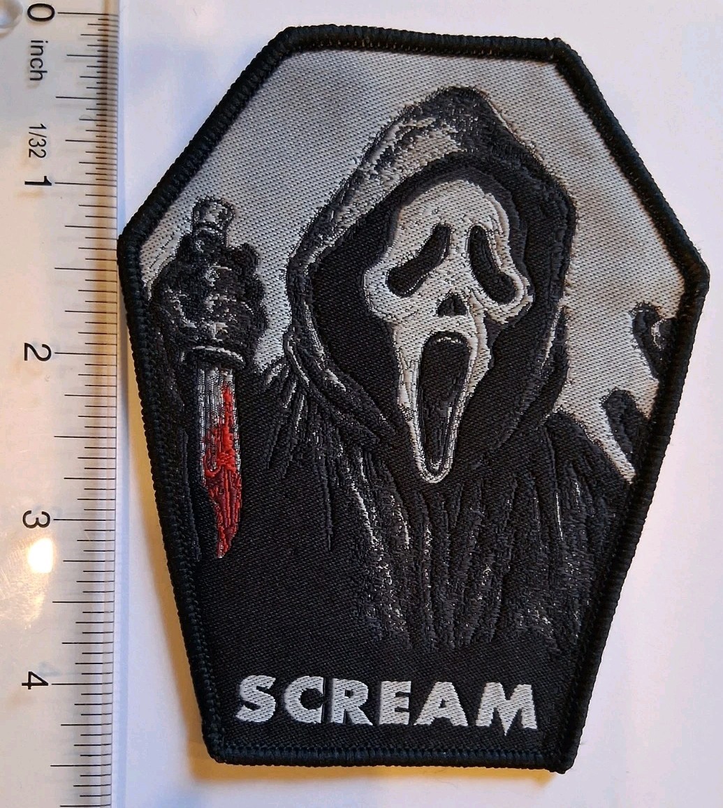 Scream Ghost Face Coffin Shaped Black Border Woven Patch Horror Slasher