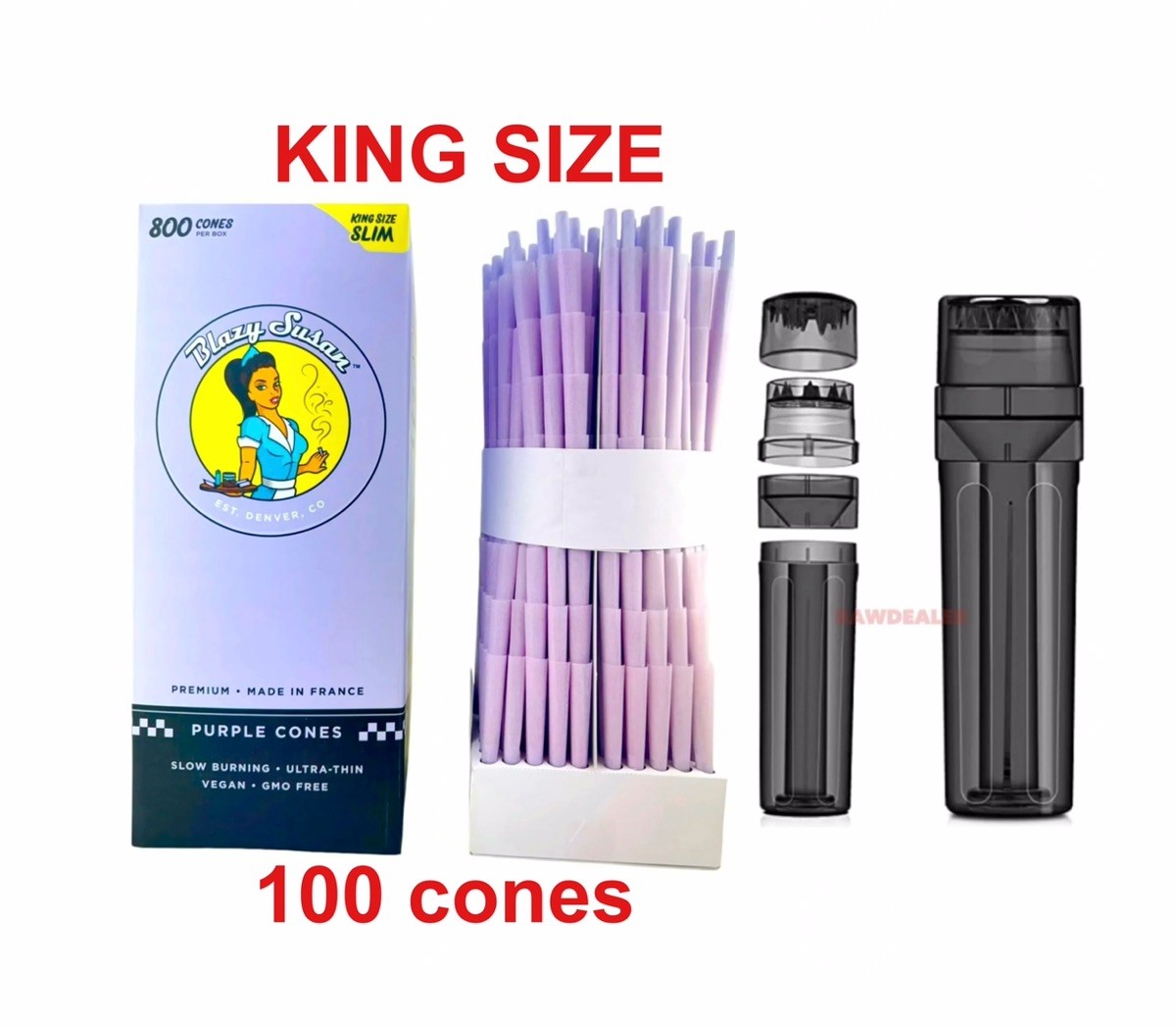 blazy susan pre rolled cone PURPLE KING size + portable 3in1 grinder Loader