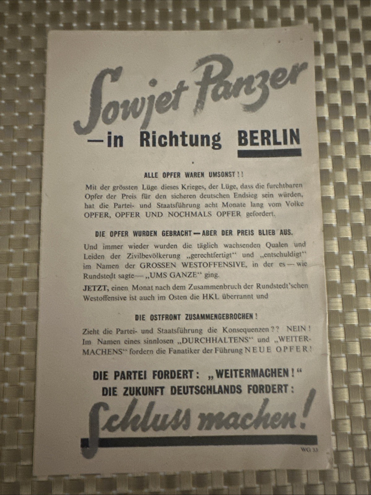 1944 Wehrmacht Flugblatt Alliierte Reich WW2 Leaflet Sowjet Panzer Berlin Drop