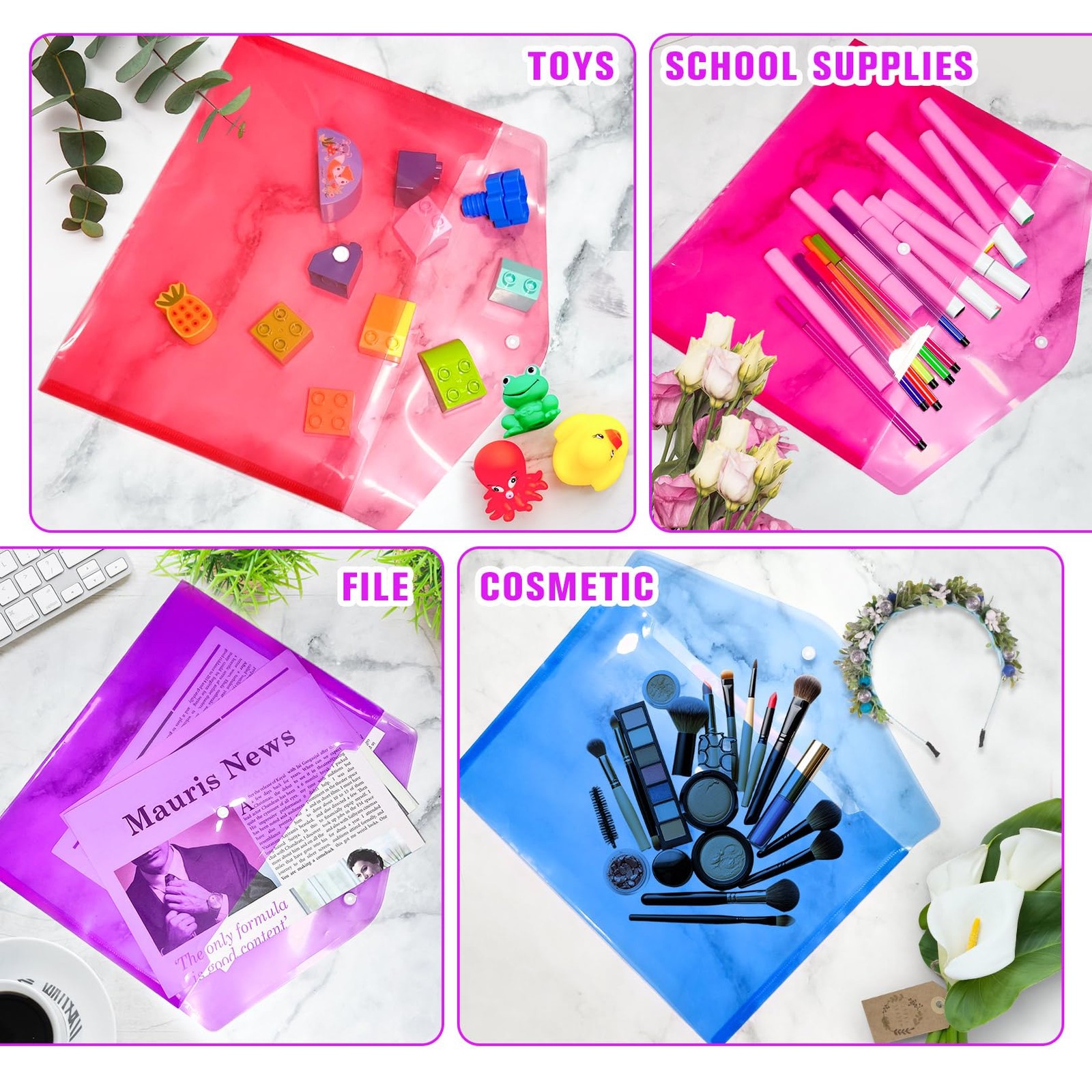 24 PCS Plastic Filing Envelopes Snap Button Closure A4 Size Poly File Folder
