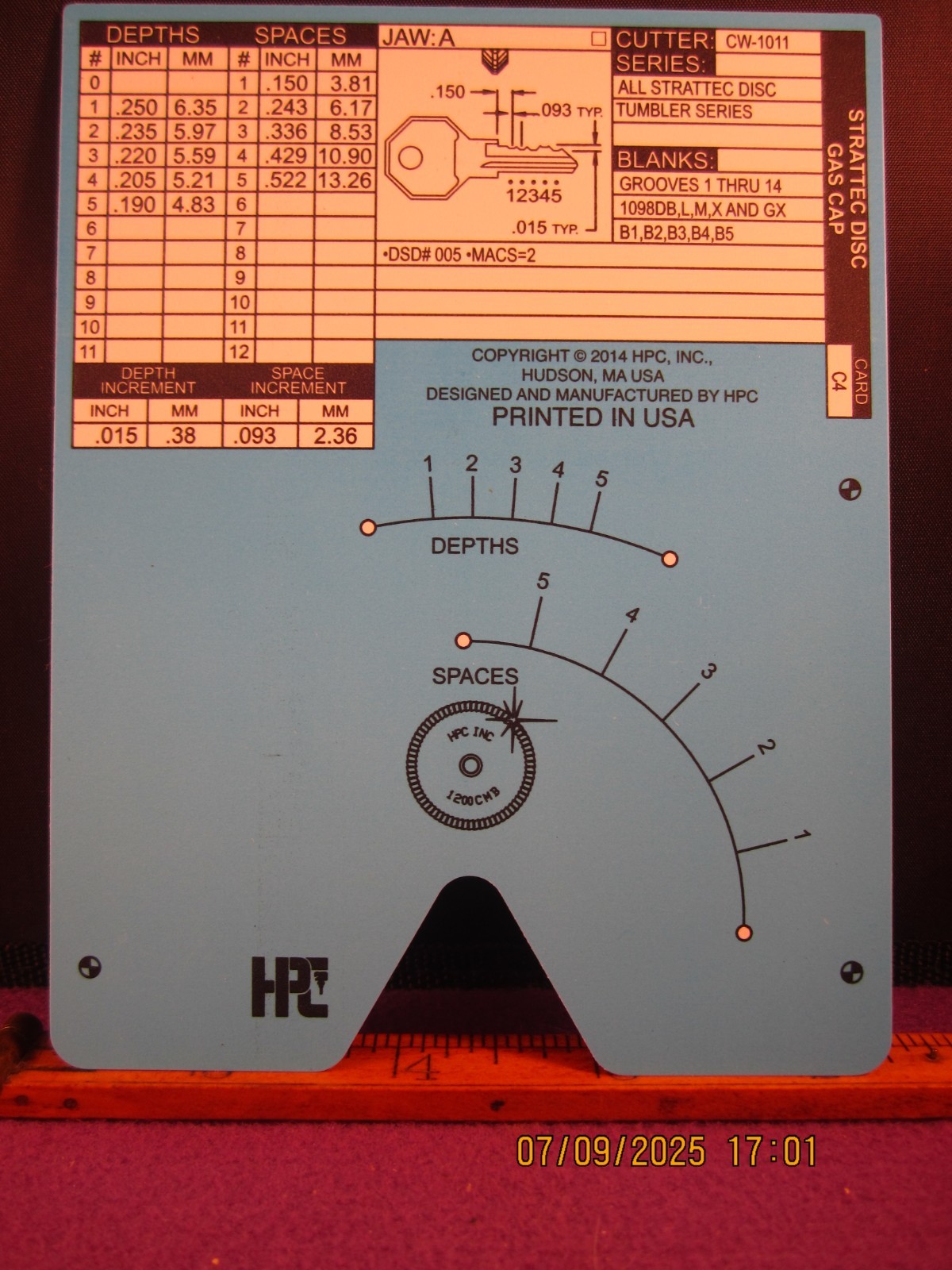 HPC 1200 BLITZ KEY CODE CARD C 4  ( STRATTEC DISC GAS CAP ) BRAND NEW