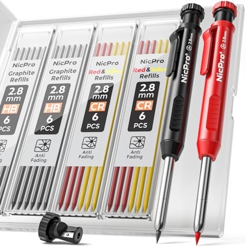 Carpenter Pencil Set with Sharpener & 26 Refills, Deep Hole Marker for Woodworki