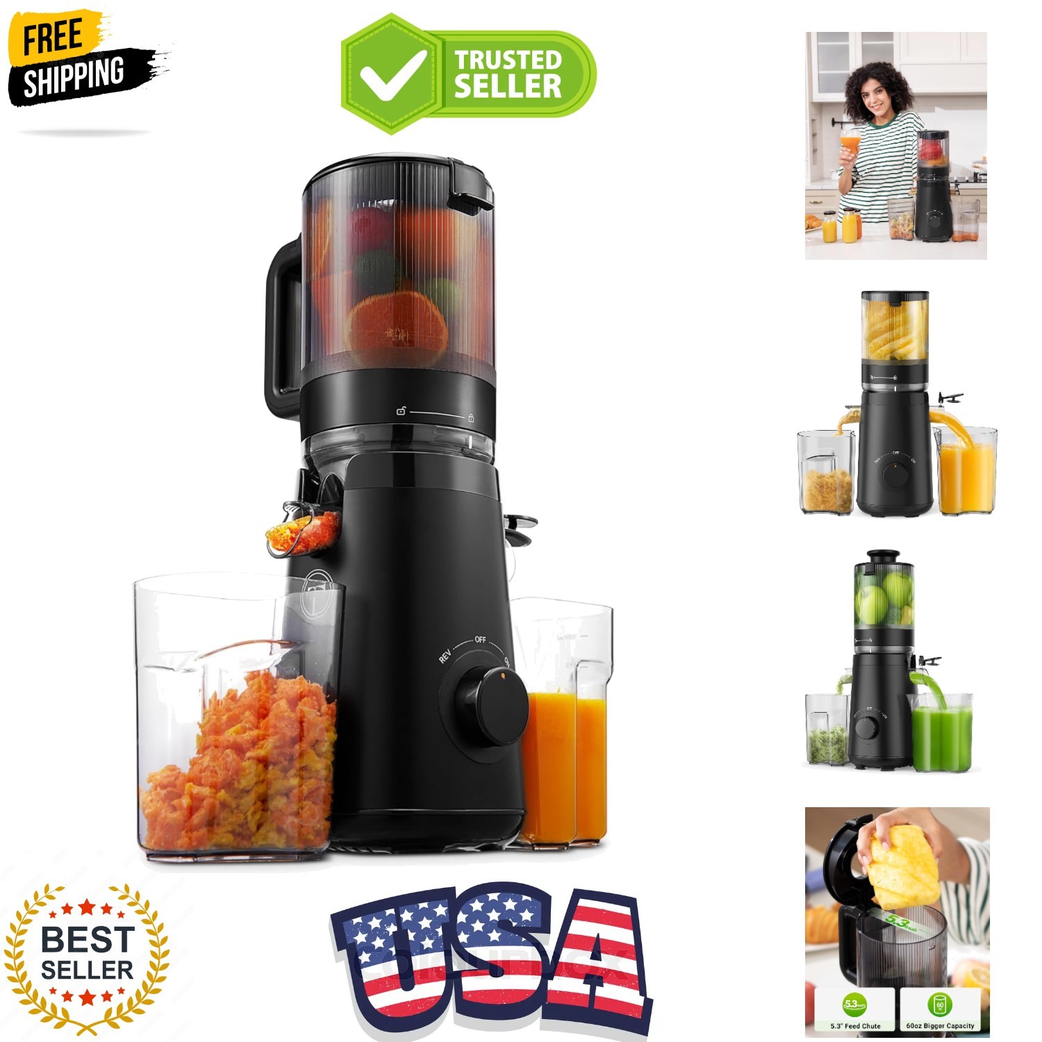 Juicer Machines, Cold Press Juicer with 5.3" Extra Large Feed Chute Fit Whole...