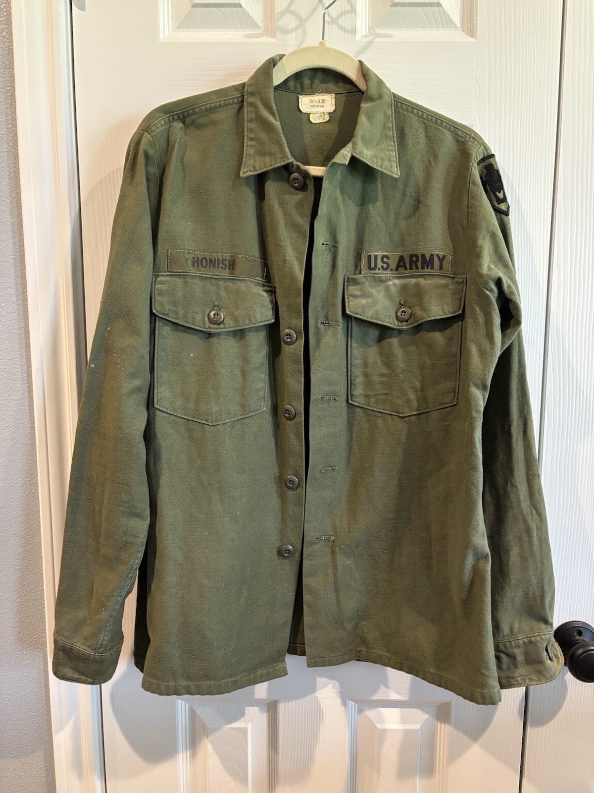 VTG Military US Army Long Sleeve Shirt Olive Green Button Shacket  Sz  15.5 X 35