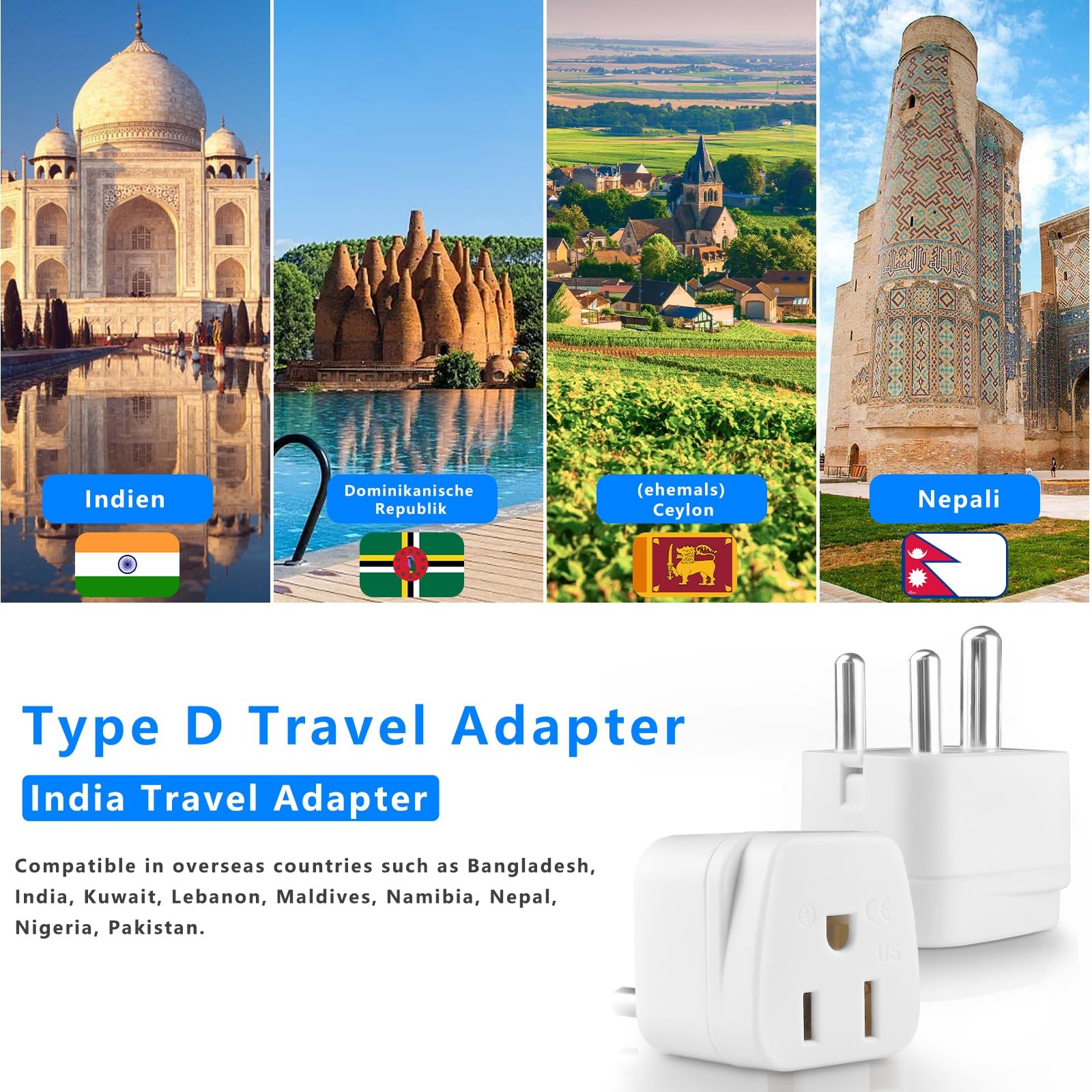 US to India Plug Adapter,Type D Adapter Power Adapte White