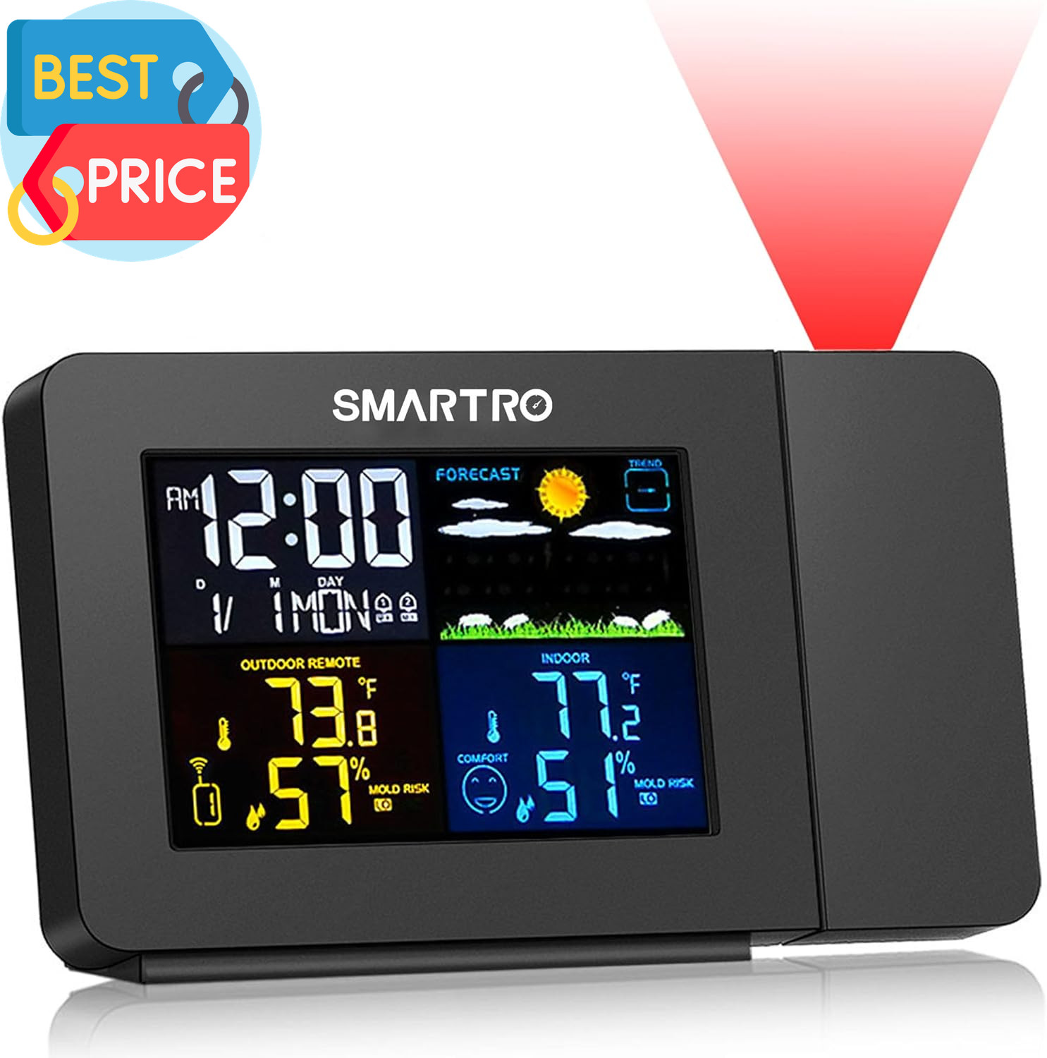 SC91 Projection Alarm Clock for Bedrooms with Weather Station, Wireless Indoor O