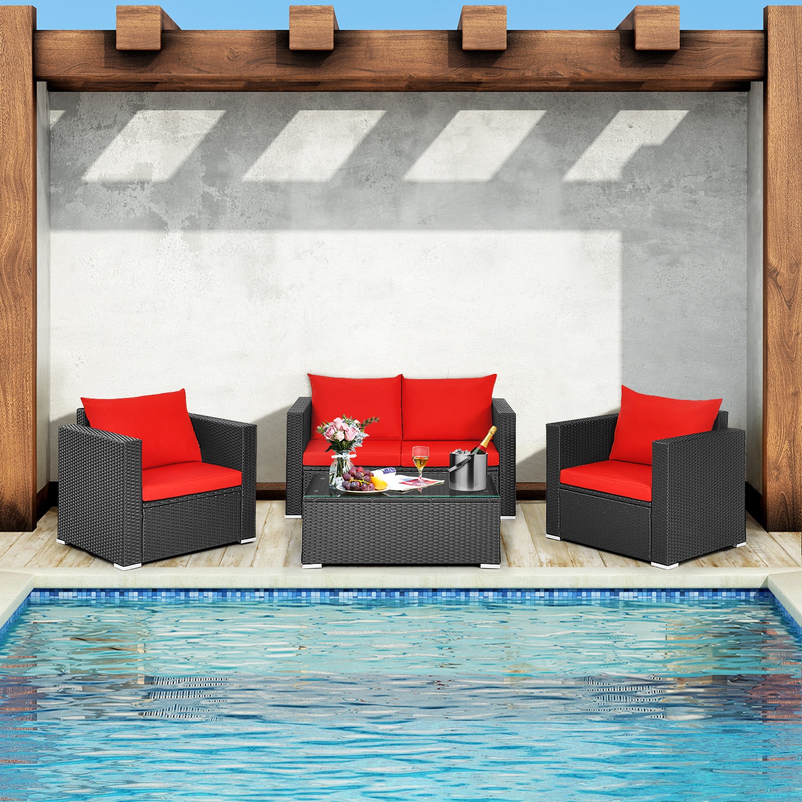 8PCS Patio Rattan Furniture Set Cushioned Sofa Chair Coffee Table Garden Red