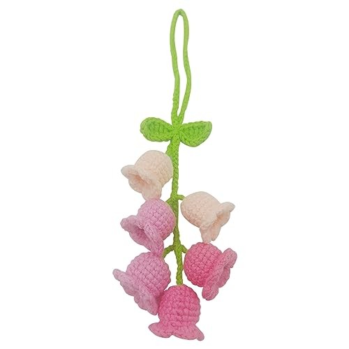 Car Rearview Mirror Hanging Ornament, Crochet Flower Lily of The Valley(Pink)