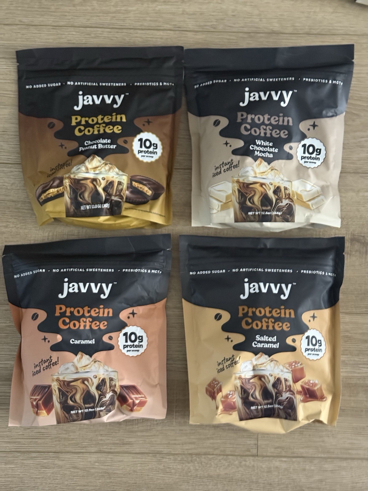 4x Javvy  Carmel , White Chocolate Peanut Butter Protein & Instant Iced Coffees