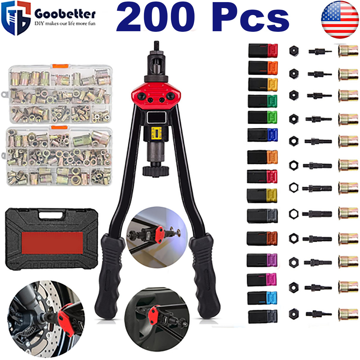 200PCS 16" Rivnut Tool Kit Metric & SAE Mandrels Hand Nutsert Rivet Tool Set