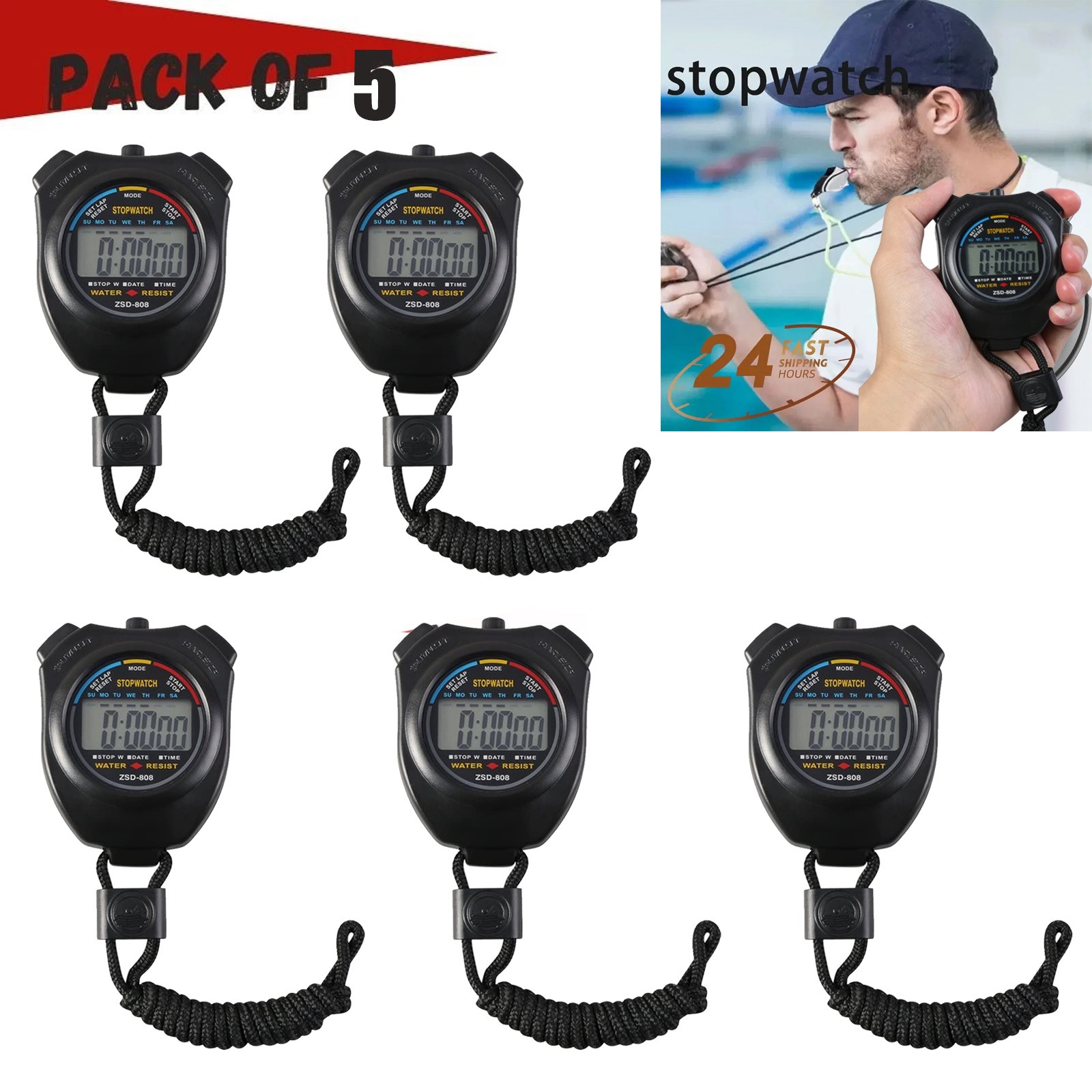 5PACK LED Digital Handheld Sports Stopwatch Stop Watch Watch Timer Alarm Counter
