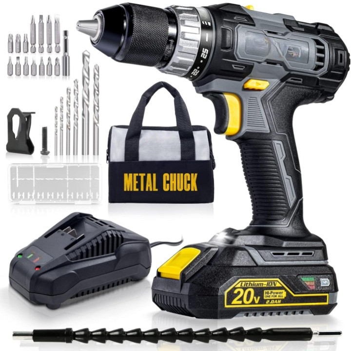 Taladro inalámbrico 20V 1/2" 40Nm con batería 2.0Ah, cargador y 22 brocas, Nuevo
