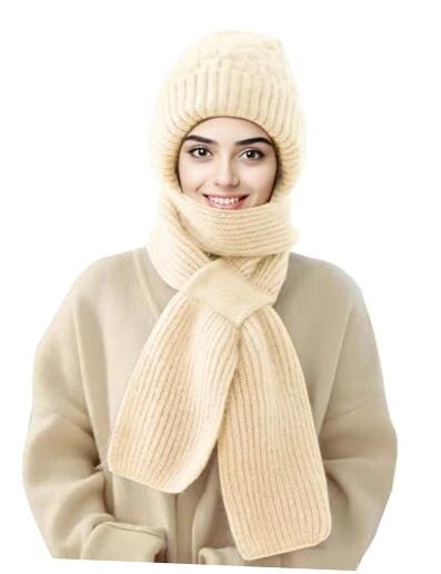 Integrated Ear Protection Windproof Cap Scarf Elastic Knitting Thick Beige