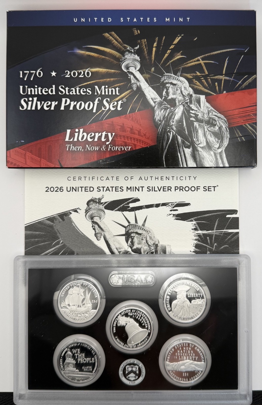 2026 S US Mint Silver Proof Quarters 5 Coins With Silver Proof Set Box & COA