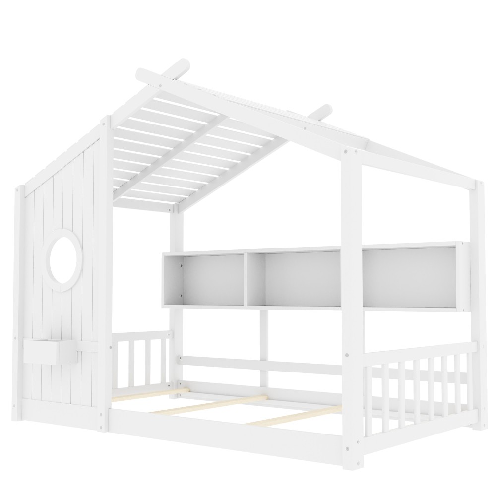 Twin/Full Size Floor House Bed Frame for Toddler with Storage Shelf, White/Grey