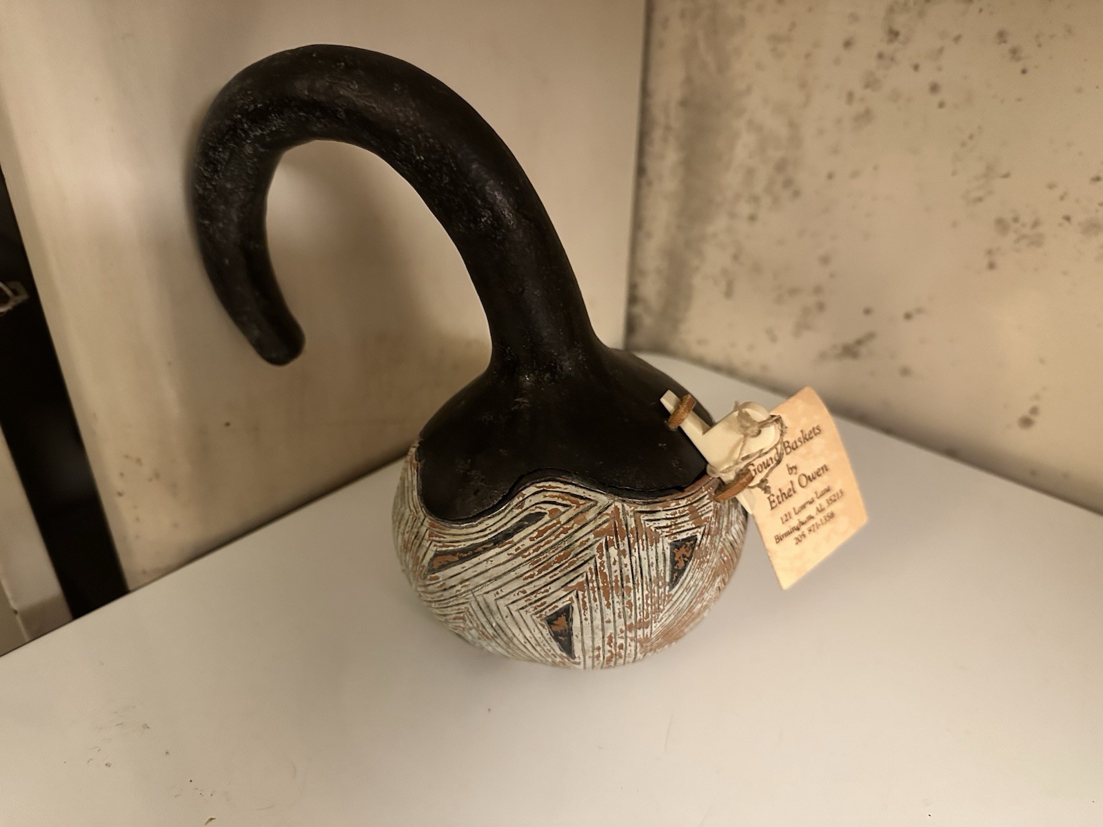 Ethel Owen 1993 Signed Hand-Carved Gourd Basket - Vintage Alabama Folk Art