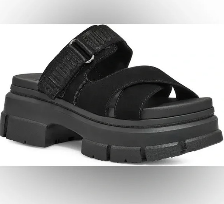 NEW Womens Size 9 UGG Ashton Open Toe Slide Black Leather 2.75" Platform Sandals